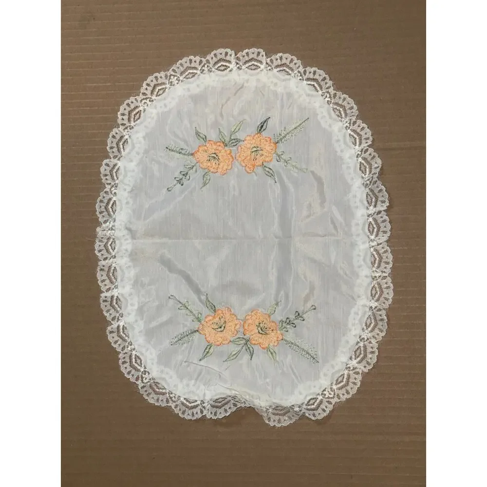 Vintage Lace Embroidered Doily Set of 4 White Orange Flower Cottage Romantic